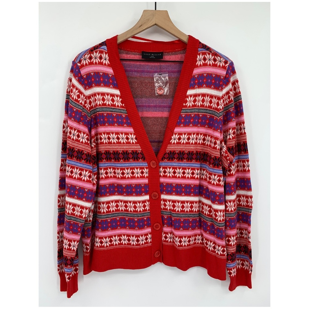 Lane Bryant Sweater 18/20 Pink Red Cardigan Fair Isle Knit Lightweight NEW